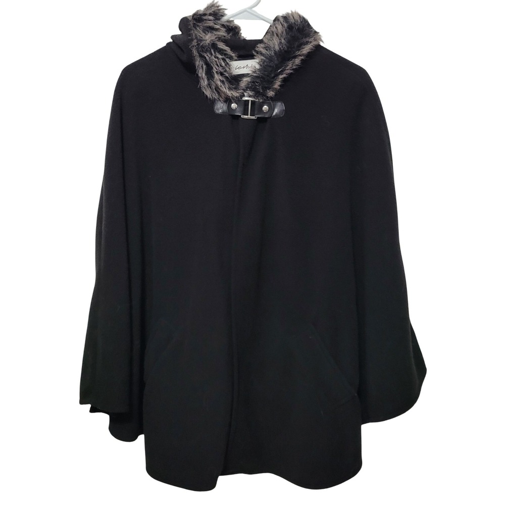 Le Moda Hooded Cape Womens OS Black Fleece Faux Fur Trim Buckle 9530-547